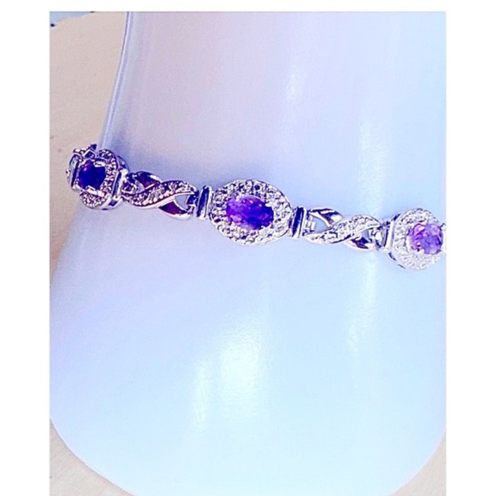 925 Sterling Silver Natural Amethyst Tennis‎ Bracelet 8" Safety Clasp 12.7g